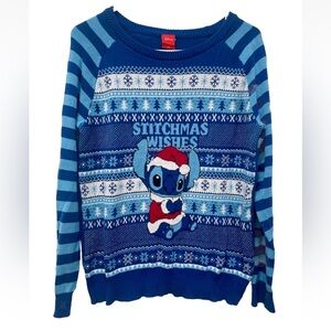 Disney Lilo and Stitch Christmas Sweater Stitchmas Wishes  Blue Snowflake XL